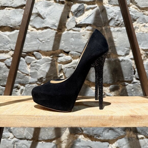 Jimmy Choo Black Suede Crystal Embellished Heels Platform Esam Pumps - Picture 7 of 13